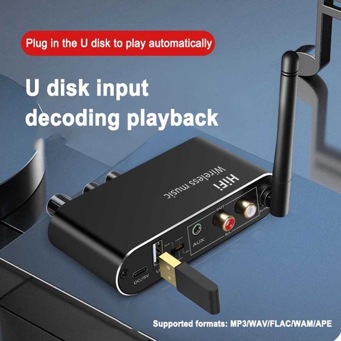 Блутут ДАК/DAC оптичен вход, Aux, изход 3.5mm, чинч USB + дистанционно
