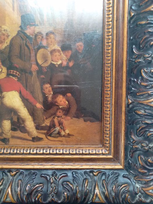 Картина, средновековен сюжет, в дърворезбована рамка.