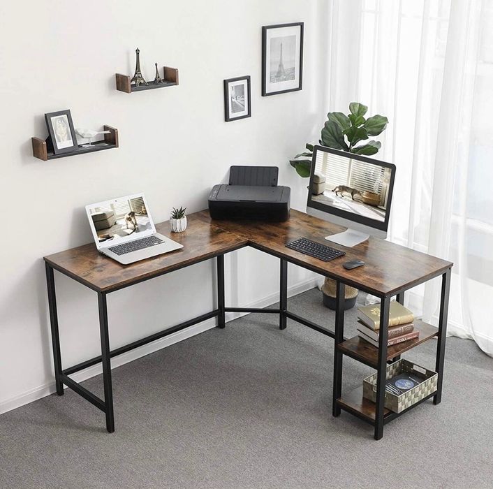 Birou de colt, Vasagle, 138 x 138 x 76 cm, PAL/fier, maro rustic