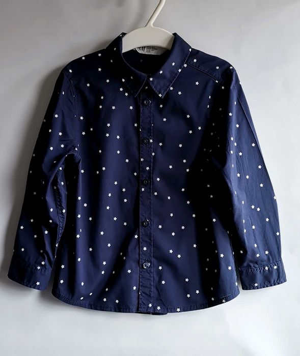 Cămașă băieți H&M mânecă lungă bleumarin steluțe măr 104 3-4ani