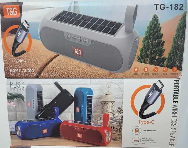 Boxa portabila - TG 182, Bluetooth 5.0, Panou Solar IPX6 Radio FM Bass Puternic, Stick Usb Jack 3,5 Baterie 1200 Mah