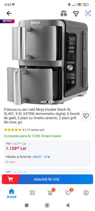 Airfryer Friteuza Ninja Double Stack XL SL451, 9.5l, 2470W