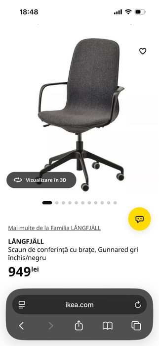 Scaun birou IKEA Langfjall in stare foarte buna, gri inchis cu brate albe, suport lombar, conferinte