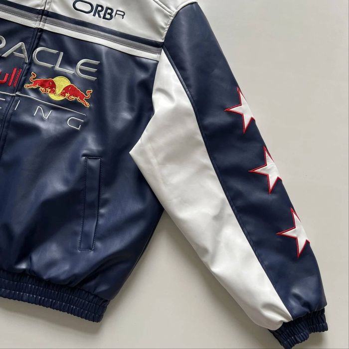 Кожаная куртка Формула 1 Rebull Oracle синего цвета на заказ