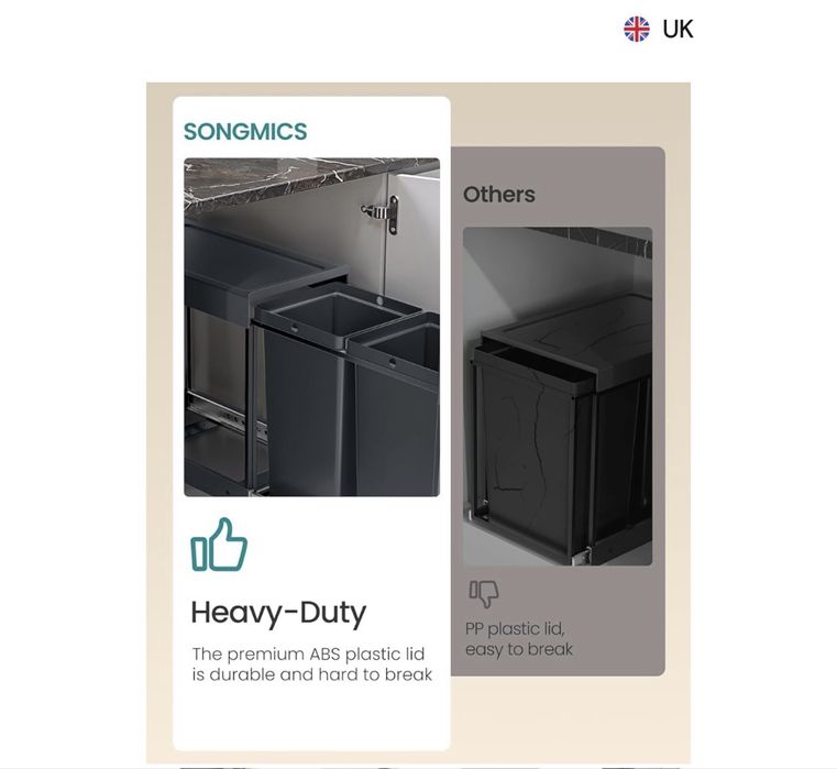 Кухненски кош за вграждане SONGMICS, 2x20L , Двойни отделения, Плавно издърпващ се дизайн, Стоманена