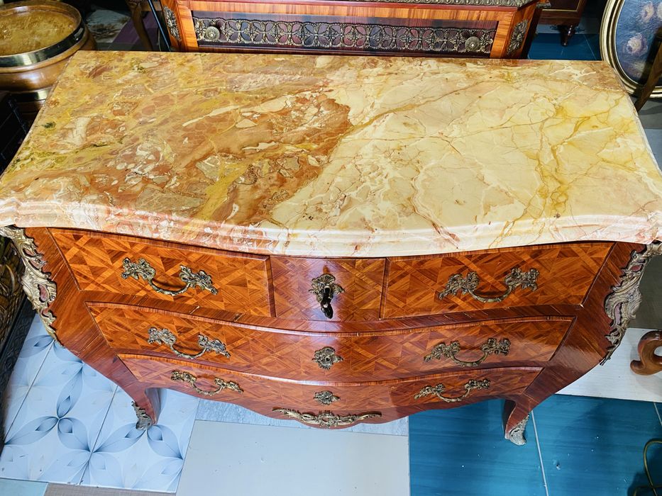 Comoda  Vintage Marmura Lemn Masiv Bronz Intarsii Baroc Louis XV Antic
