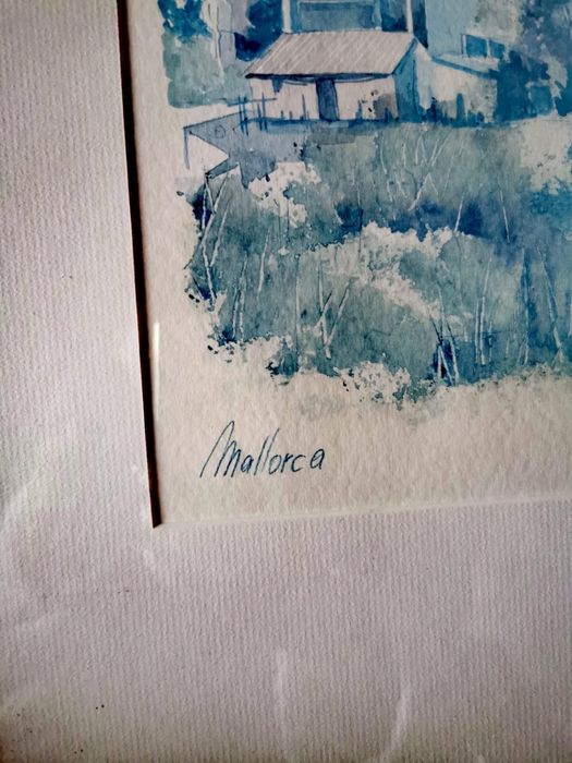 Картина в синьо Маьорка  рамка паспарту стъкло авторска подписана