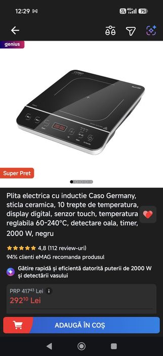 Plita electrica cu inductie Caso Germany, sticla ceramica, 10 trepte de temperatura, display, senzor touch, temperatura 60-240°C​​​​​​​, 2000 W