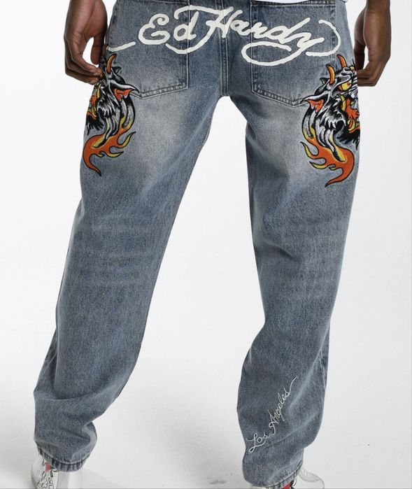 Ed Hardy men’s hell-cats tattoo graphic denim trousers jeans - bleach