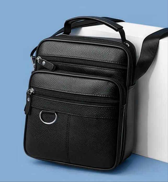 Мъжка функционална чанта с дръжка /Черна естествена кожа -10% Промоция