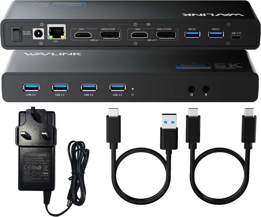 Докинг станция Displaylink, универсална WAVLINK USB-C с 2× HDMI и DP