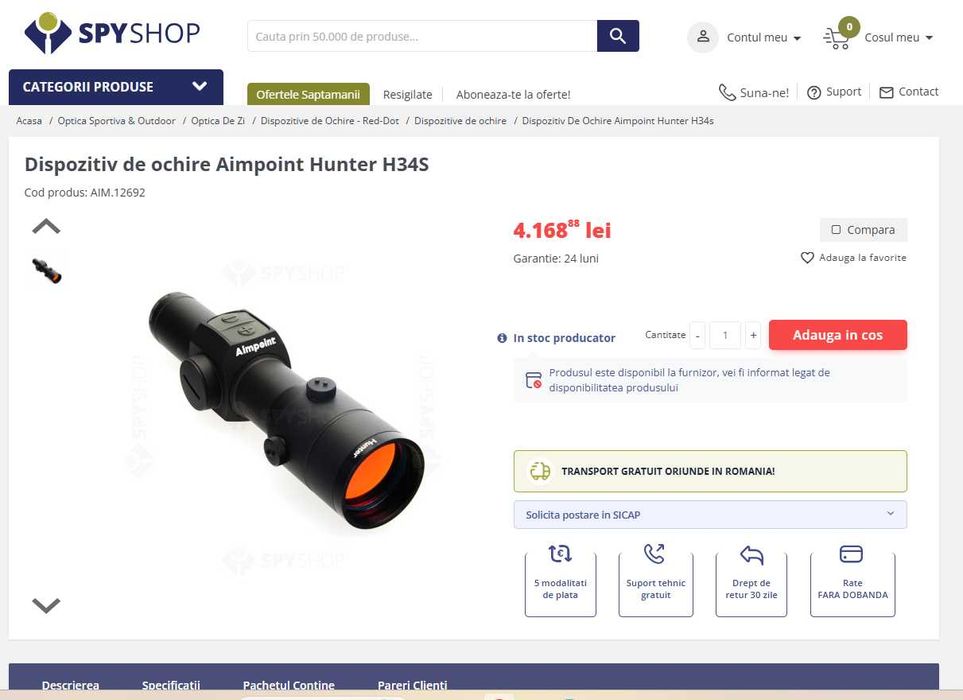 Aimpoint Hunter H34S  (Red dot, punct rosu,dispozitiv de ochire goana)