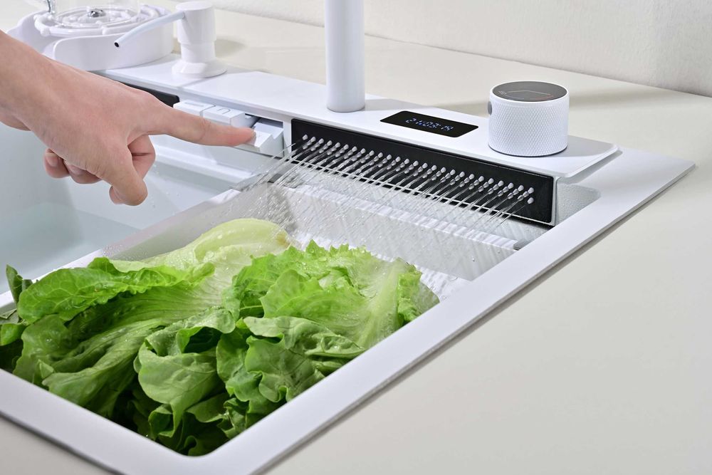 60см Бяла мултифункционална кухненска мивка с двоен водопад