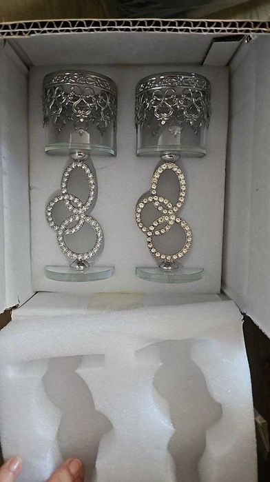 Свещник Sziqiqi, пакет от 2 сребърни поставки за чаени свещички, стъкл