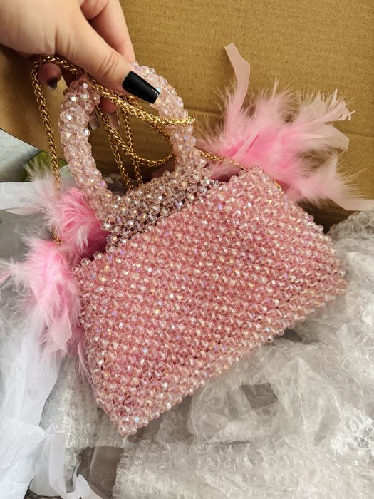 Gentuta din cristale si pene Naturale / Roz