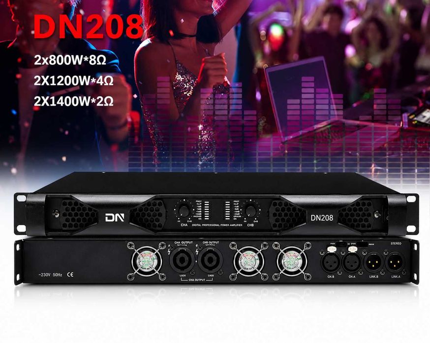 Profesional Amplificator Putere DN-208 (2 x 1200W 4 Ω, 2 x 800W 8 Ω) clasa D 1U - Nou