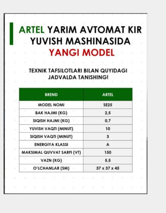 Kir yuvish mashinasi Artel SE25 Mini, 2,5 kg, oq