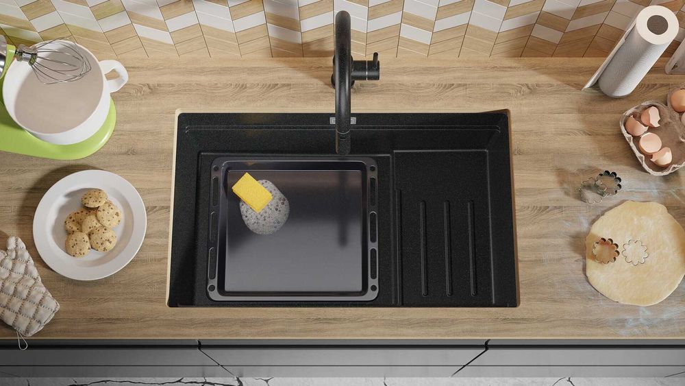 Графит гранитна мивка за монтаж под плот Прага 80 Step Level 560 x 470