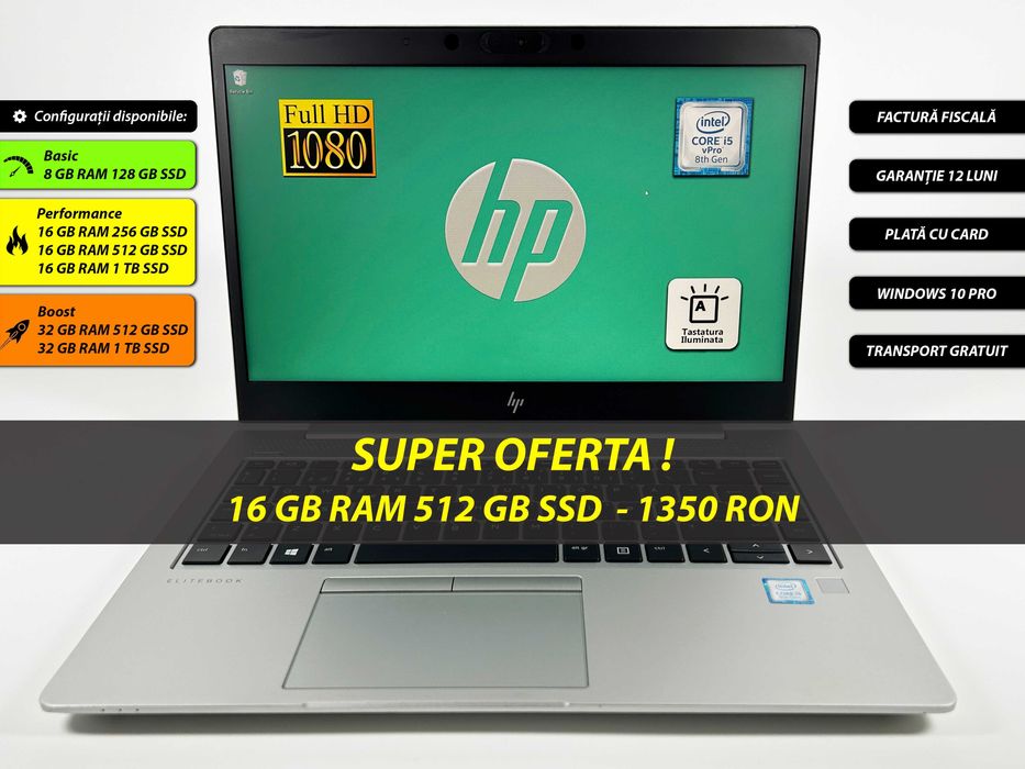 Laptop HP Elitebook Intel i5 16 gb ram 512 gb ssd Ecran 14 inch Full HD Design metalic slim Gama business Factura si Garantie 1 an