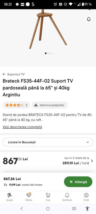 Stand de podea BRATECK FS35-44F-02 pentru TV de 45-65" până la 40 kg,