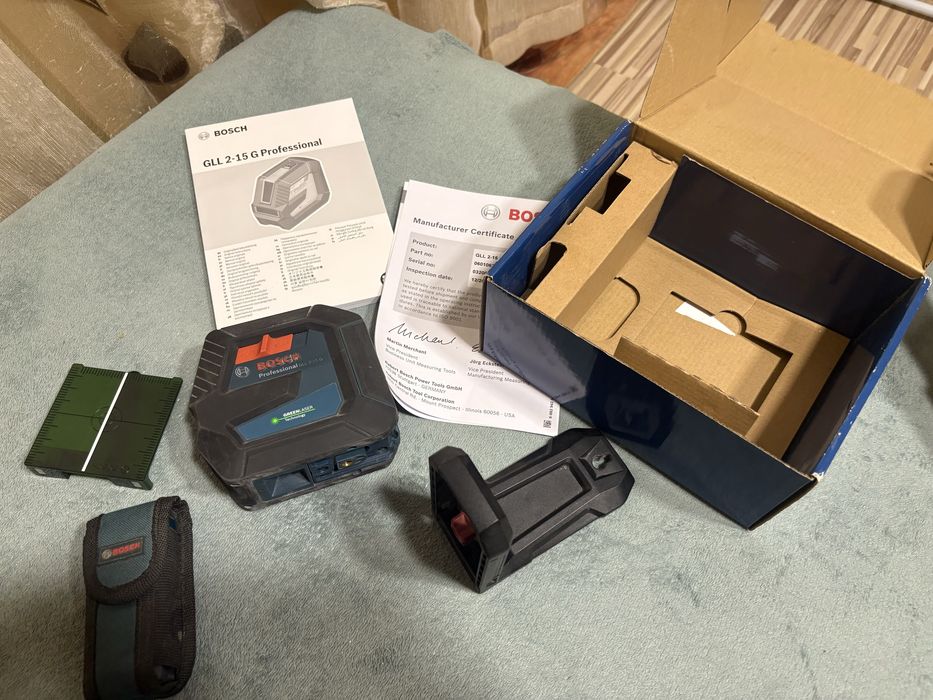 Лазарен нивелир bosch gll 2-15 зелен+ролетка
