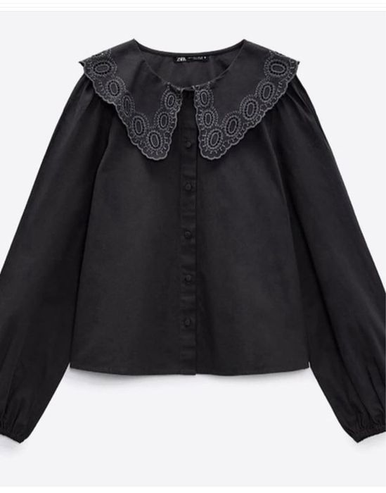 Camasa zara neagra guler broderie bumbac marime XS S M