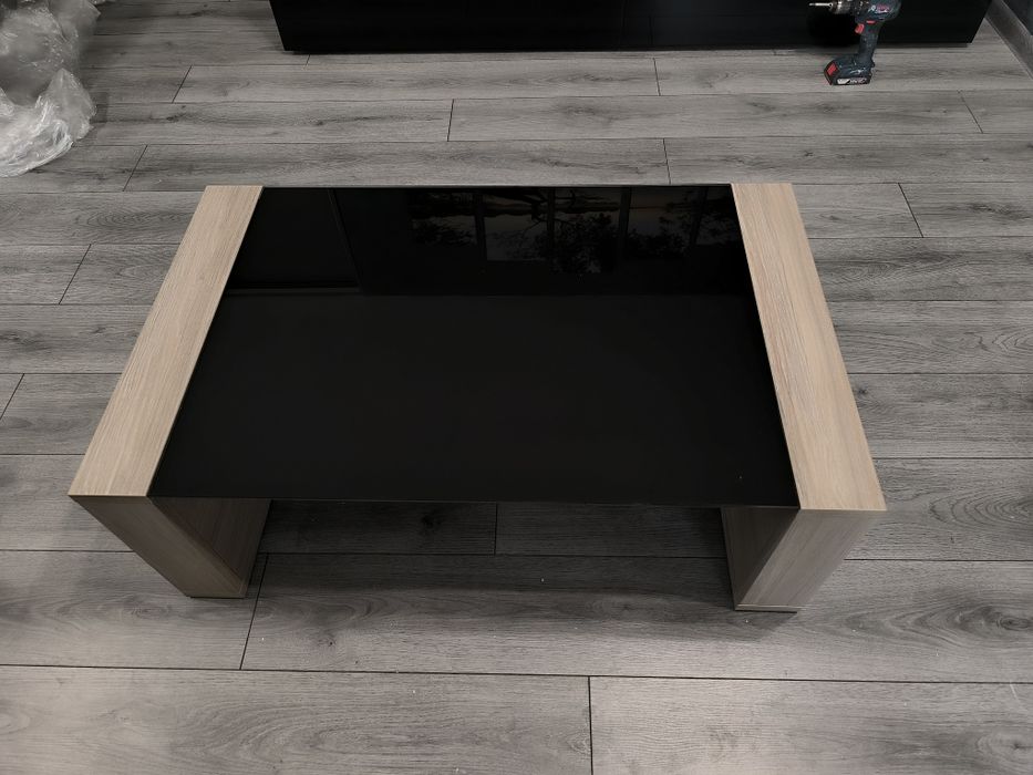 Set mobilier living – masă dining + măsuță cafea + 2 polițe perete, sticlă neagră