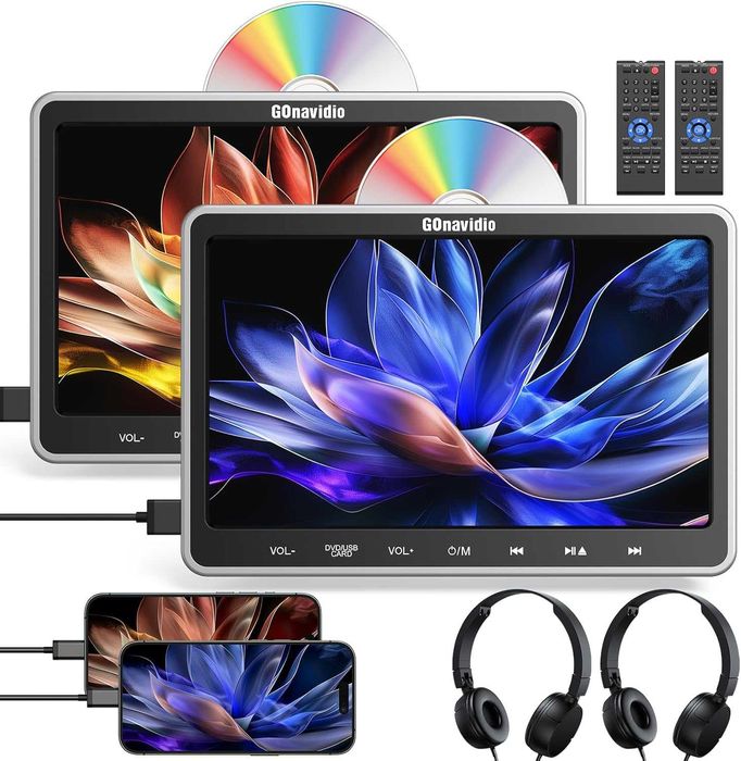 GOnavidio 10.1" двоен DVD плейър за кола за деца с HDMI вход, 2 слушалки, монтажна скоба