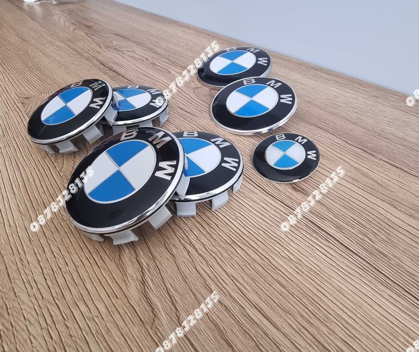 Цялостен комплект емблеми и капачки за джанти на БМВ / BMW Бяло-син