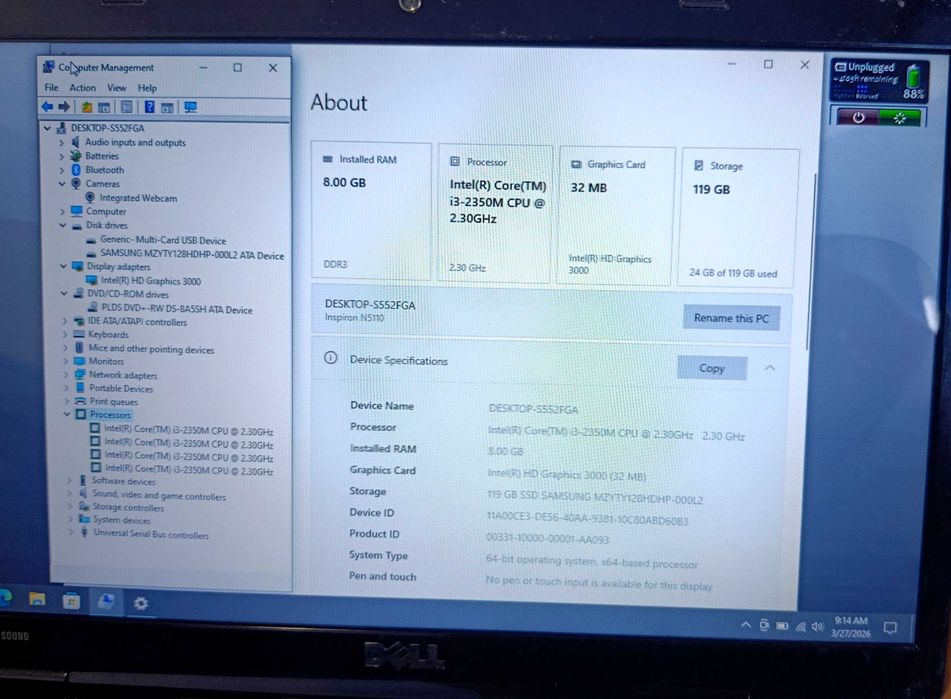 Dell Inspiron N5110 Core I3, 8GB RAM, SSD 128GB, HD3000, baterie 2 ore