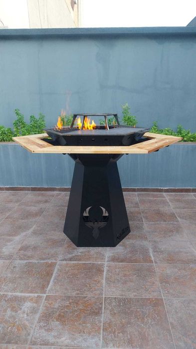 Gratar tip Live Cooking cu plită + blat stejar masiv – livrare în țară