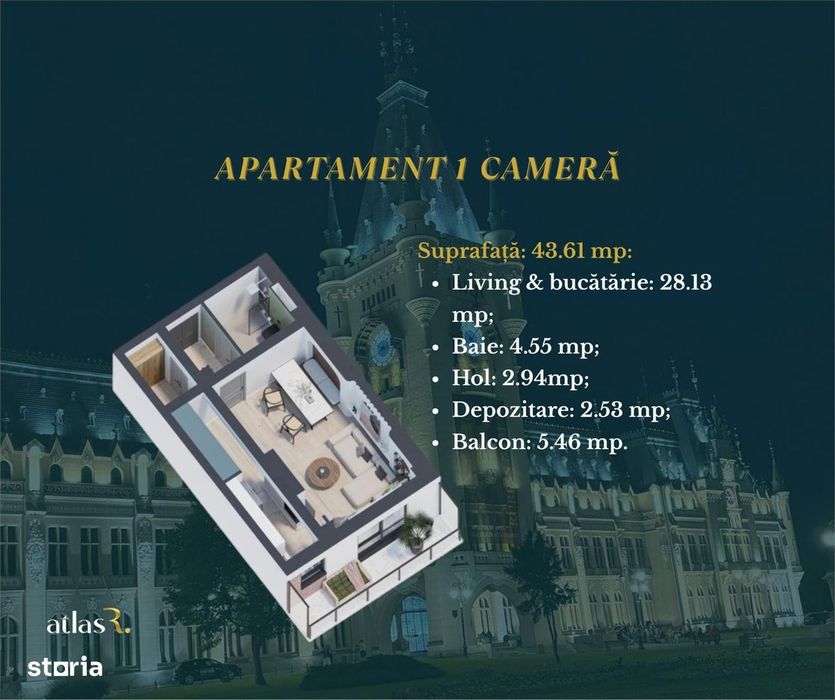 Apartament 1 camera | 43.61 mp | Galata | 82.318  euro TVA inclus