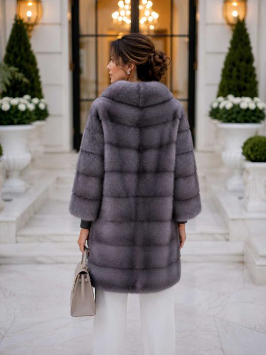 Haină de Nurcă Naturală Premium , Vizon , Blană de Lux , Culoare Exclusivă Gri , Mărime L–XL