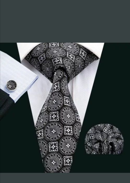 Set cravata matase butoni+batista model carouri/cercuri + cutie cadou