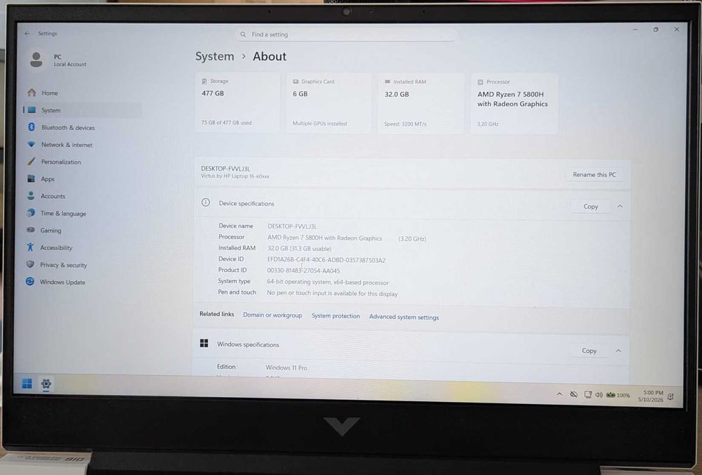 Laptop HP Victus 16 Inch - Ryzen7 5800H - 32GB DDR4 - RTX 3060 6GB - SSD M2 500GB - WIN 11 PRO