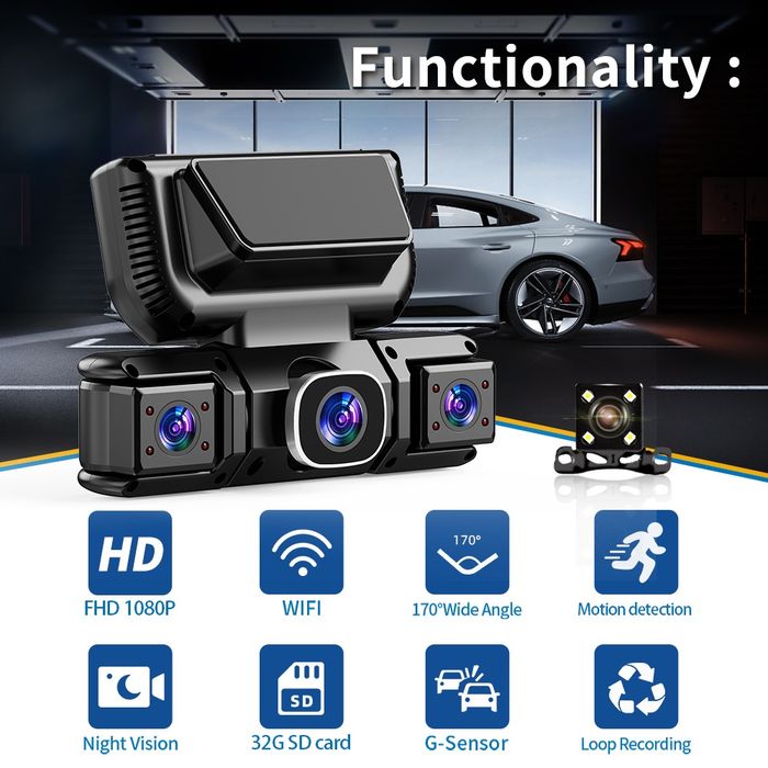 Cameră auto DVR 360° – 4 camere, Full HD 1080P, WiFi