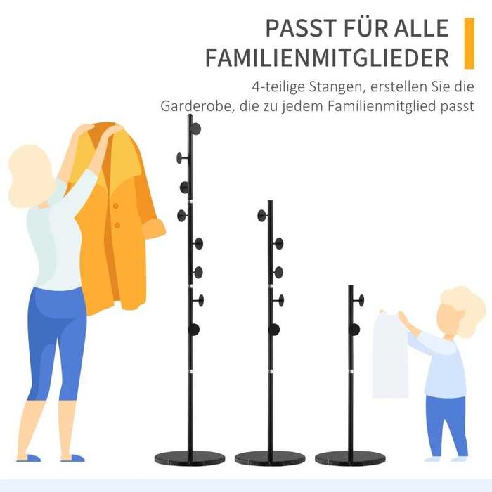 Закачалка за дрехи HOMCOM, 4 пръта и 8 куки, мраморна основа