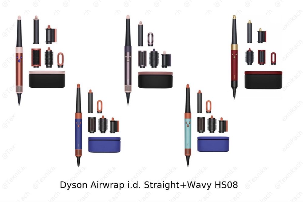 Hs 08 Dyson. Airwrap id. Red velvet. Vinca blue. Ceramic pink.
