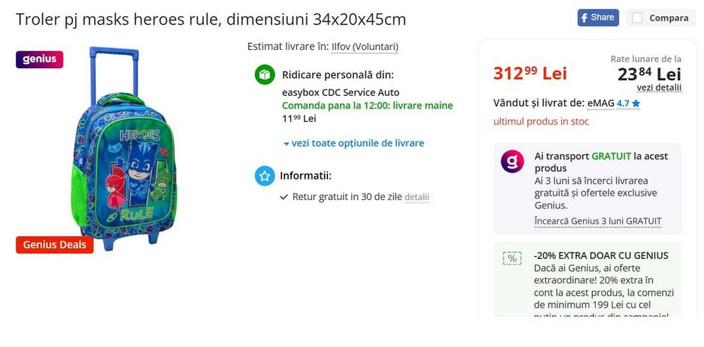 Ghiozdan troler pj masks troler rule dimensiuni 34x20x45cm