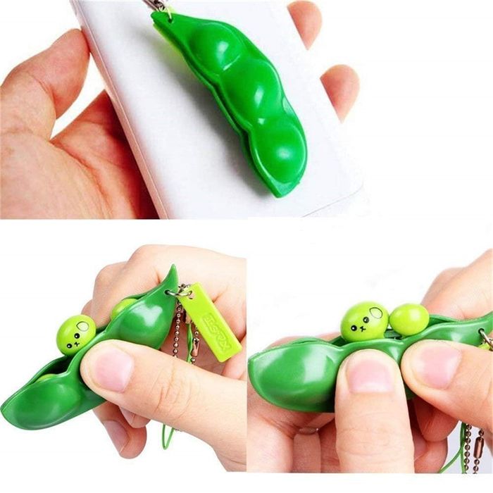 Set patru jucarii antistres pastaie de mazare, breloc, 6.5 cm, verde