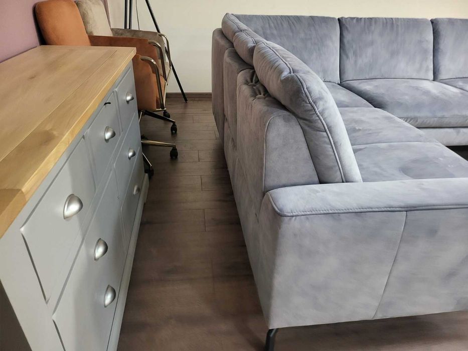 Сив ъглов диван от плат с функция сън MM-ZE1126