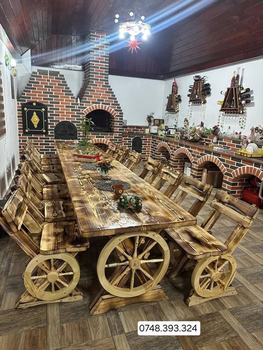Set masa bănci  , Balansoar  leagan  lemn rotund rustic