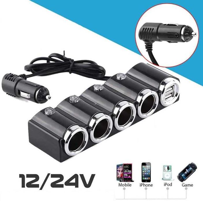 Разклонител за Запалка с 4 гнезда - 2 USB, 12-24V.