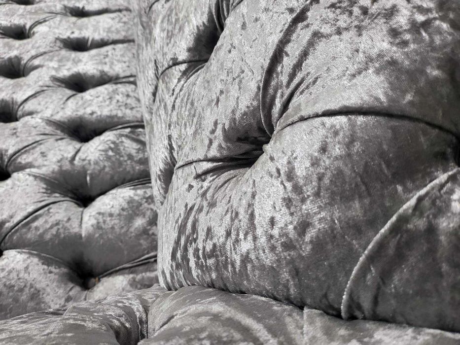 Голям сив диван от плат Честърфийлд и табуретка