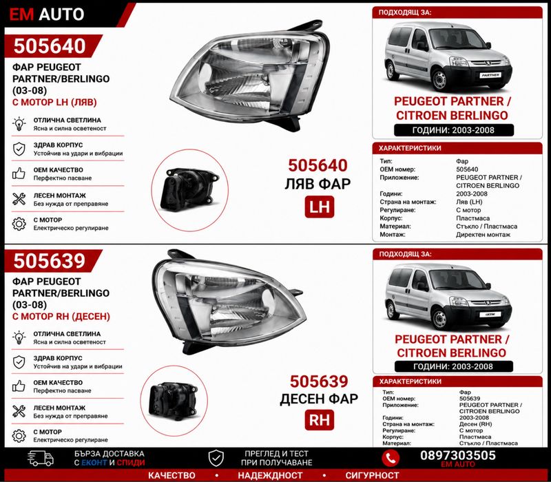 Фар Peugeot Partner / Citroen Berlingo 2003-2008 с мотор LH RH | Ляв и десен фар | OEM качество