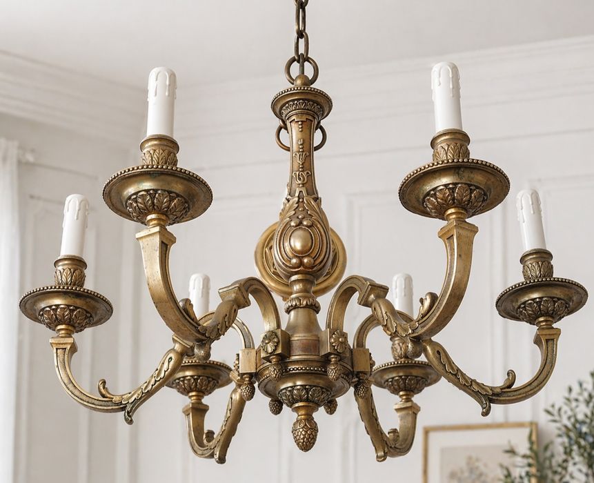 Superb candelabru antic in stilul francez Louis din bronz masiv cu 6