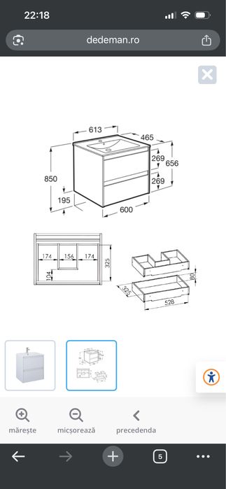 Vand masca de baie mdf si lavoar Roca ,cu sertare ,suspendat ,culoare  gri mat ,dimensiune 61,3x46,5x65,6 cm