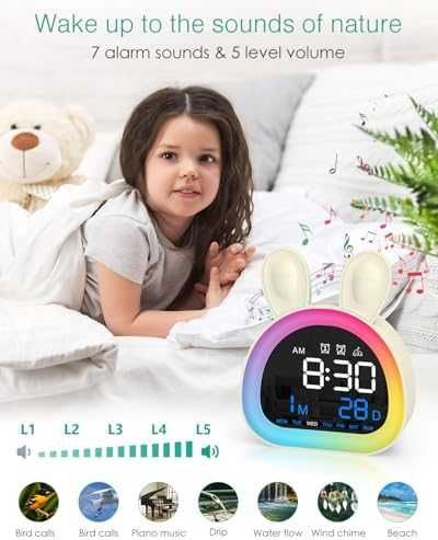 Нов Детски дигитален будилник с 2 аларми RGB светлина зайче лампа стая дете