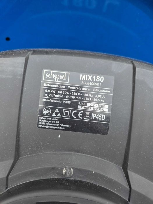 Betoniera Scheppach MIX180, capacitate 650 W, 180 L, viteză 29,5 min-1, angrenaje turnate durabile și robuste