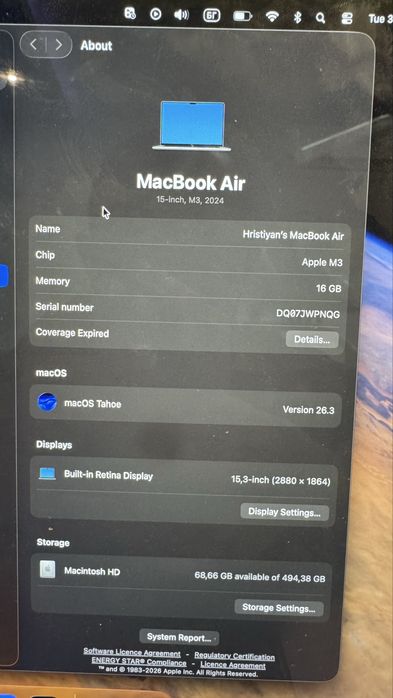 Macbook Air M3 15 inch, 10 core GPU, 16GB RAM, 512GB SSD, Space grey